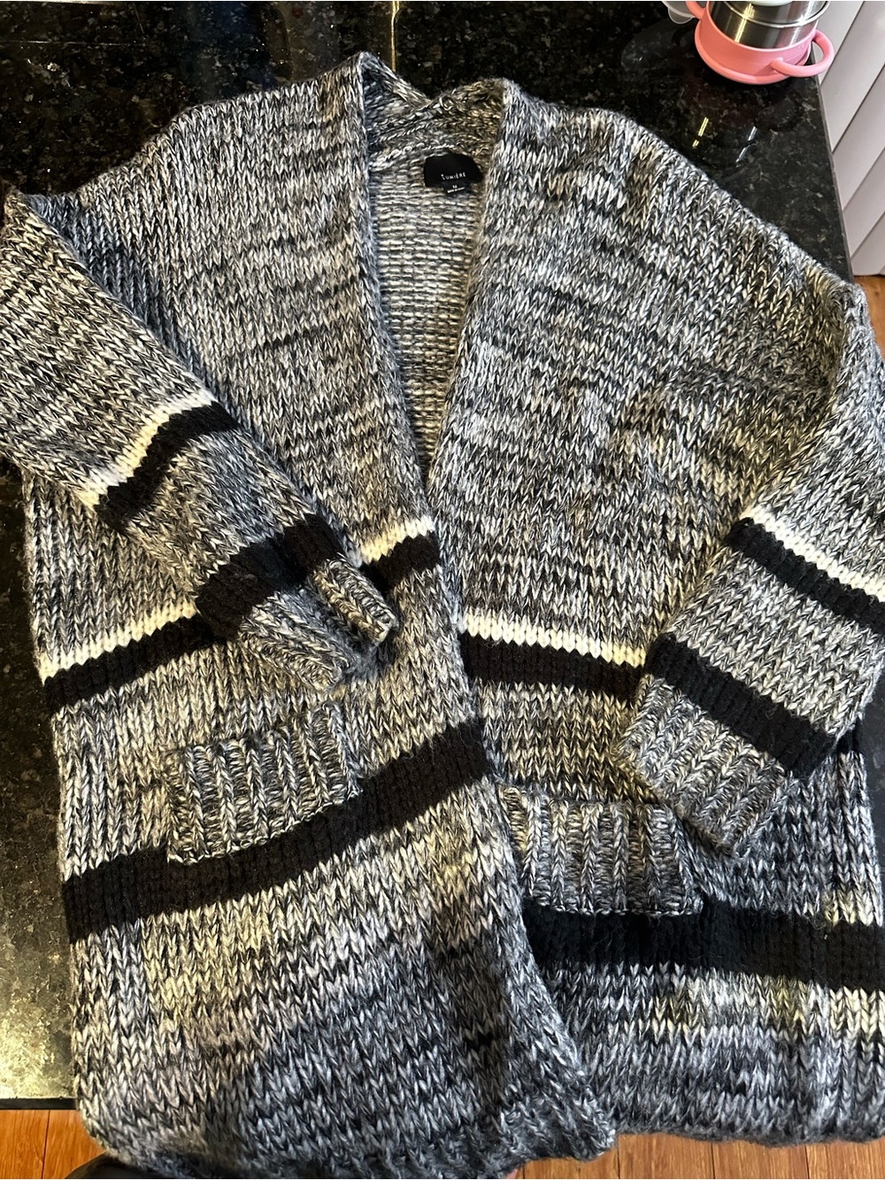 Lumiere Black, Gray & Cream Marled Open-Front Cardigan